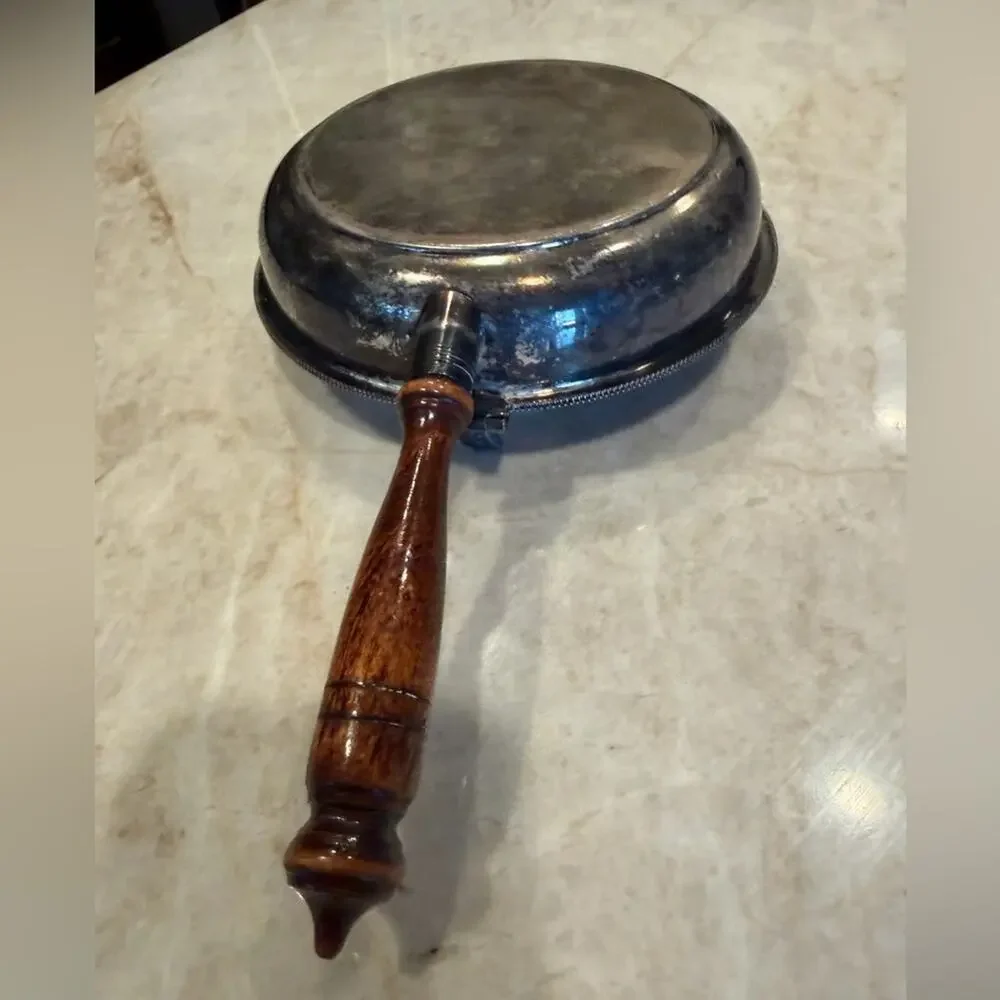 Vintage Silver on Copper silent butler Pan with Wooden Handle